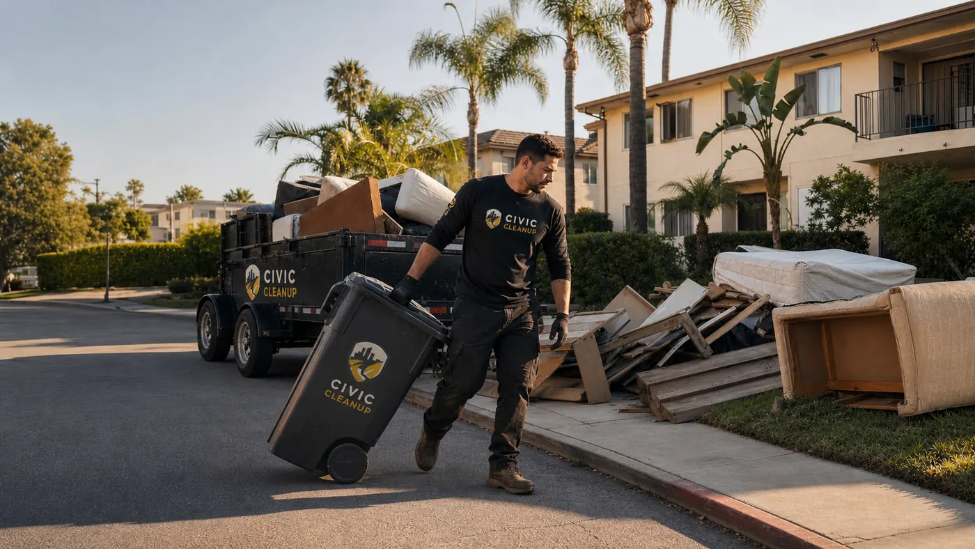 Jacob from Civic Cleanup hauling bulky items from a Southern California apartment property