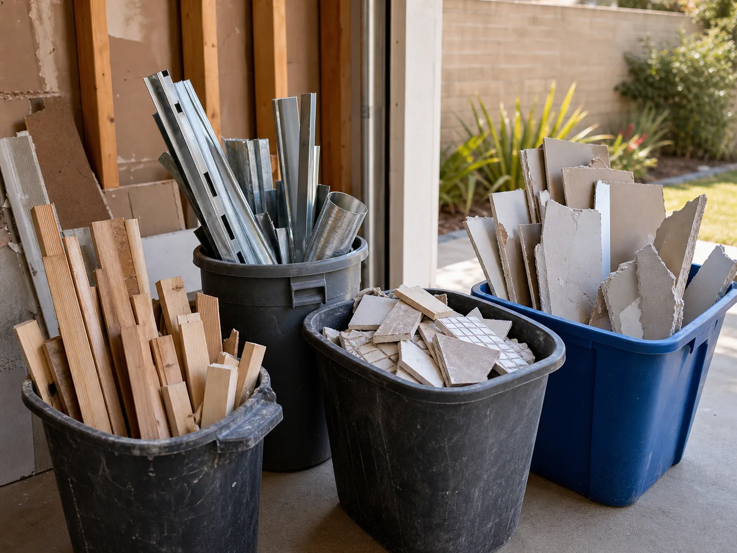 Non-hazardous renovation debris sorted into separate containers for recycling and disposal