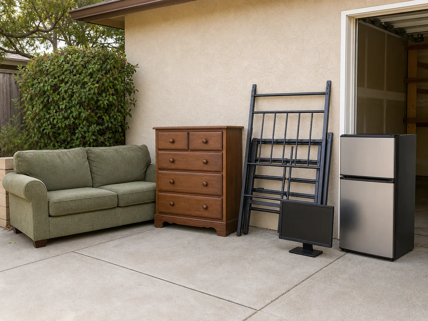 Furniture, a bed frame, compact refrigerator, and monitor staged for a bulky-item eligibility check