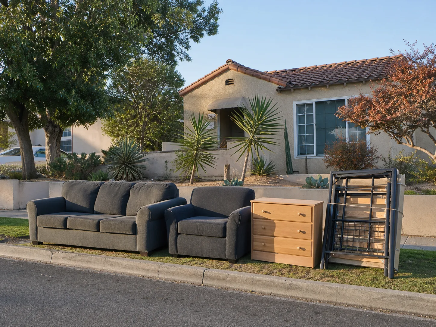 Four bulky furniture items staged neatly beside the curb outside a Santa Ana home