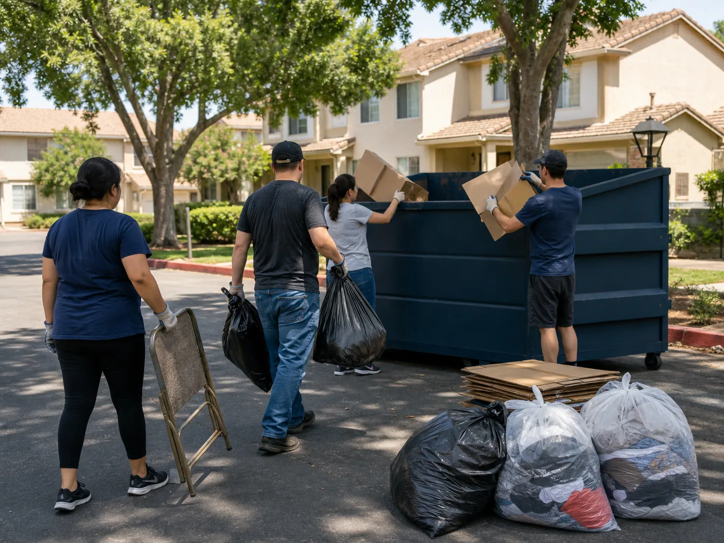 Neighborhood volunteers placing household cleanout items into an unbranded community container