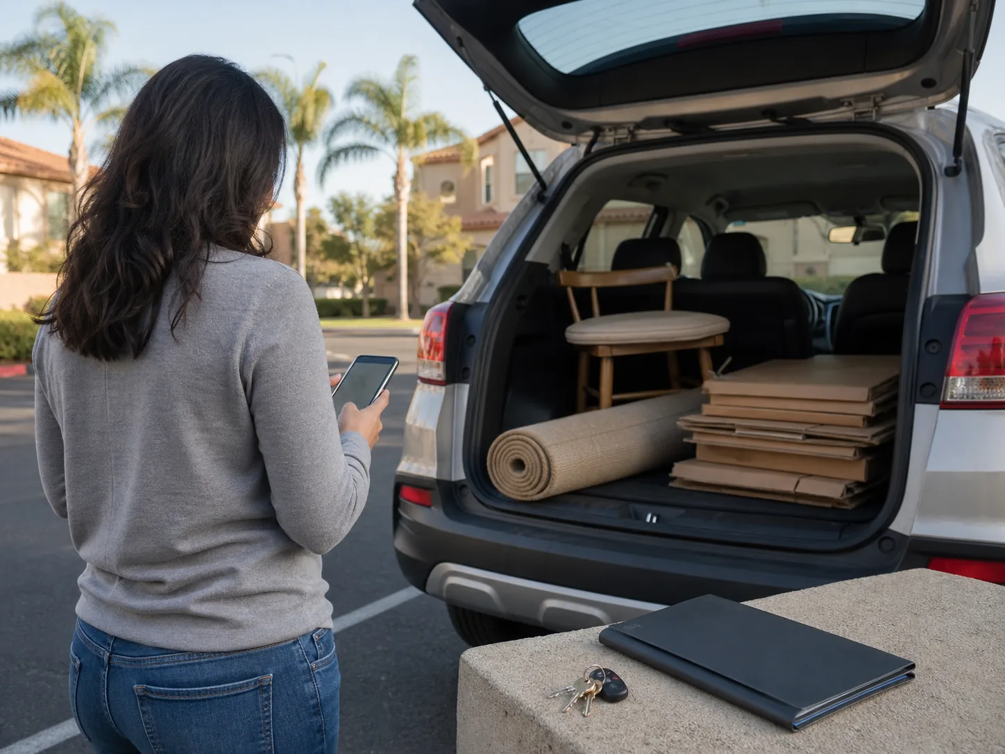 Resident checking event details beside a securely loaded vehicle before a bulky-item drop-off