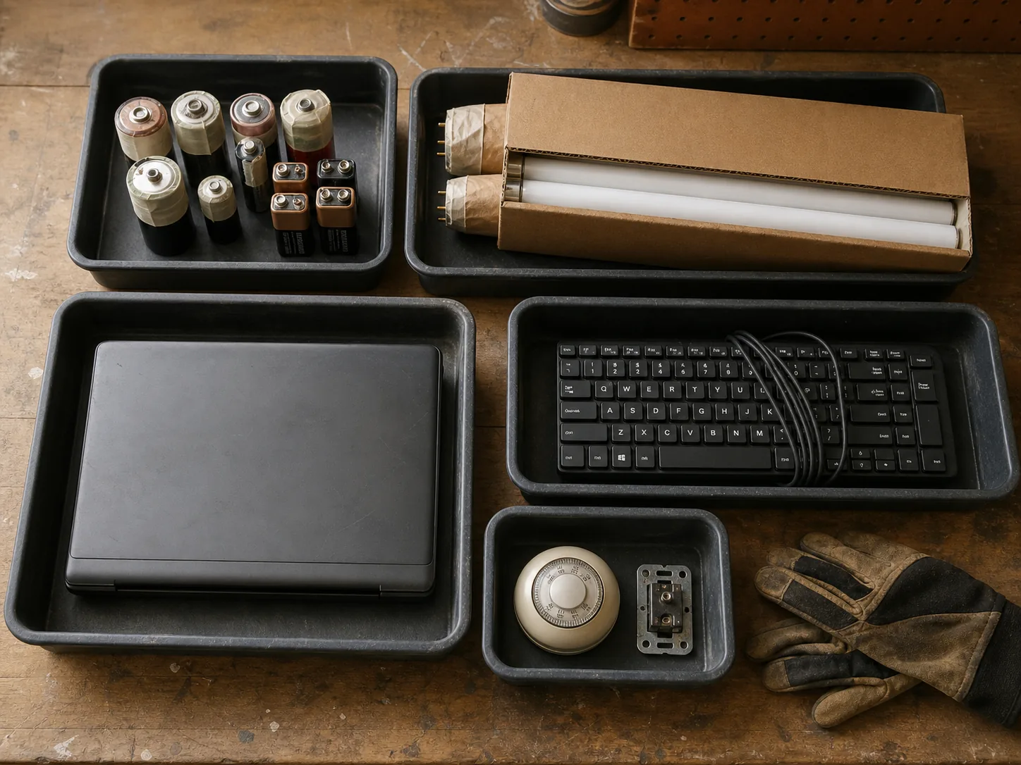 Batteries, protected fluorescent bulbs, and electronics sorted separately for special disposal