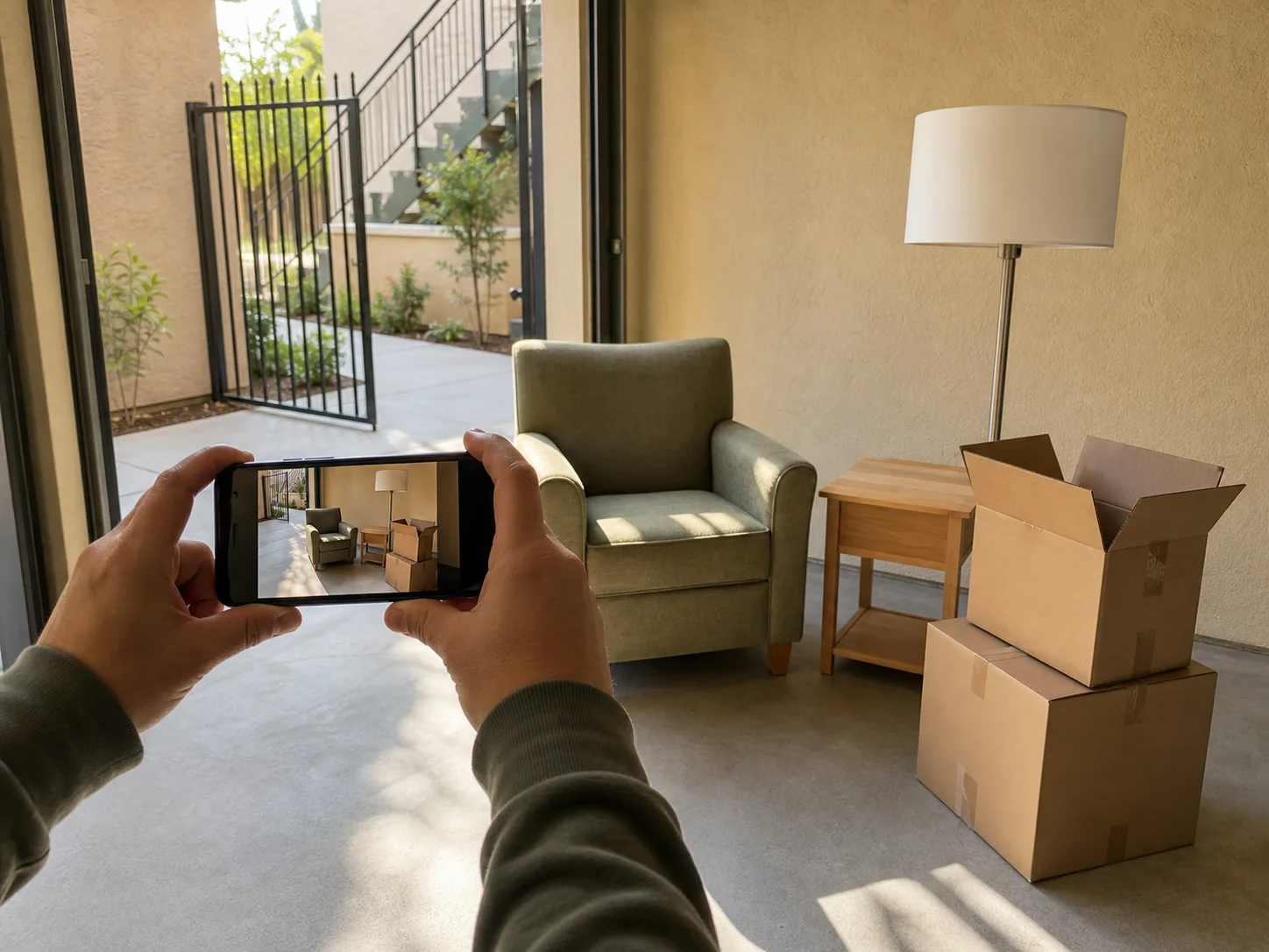 Person photographing an armchair and moving boxes before requesting a removal estimate