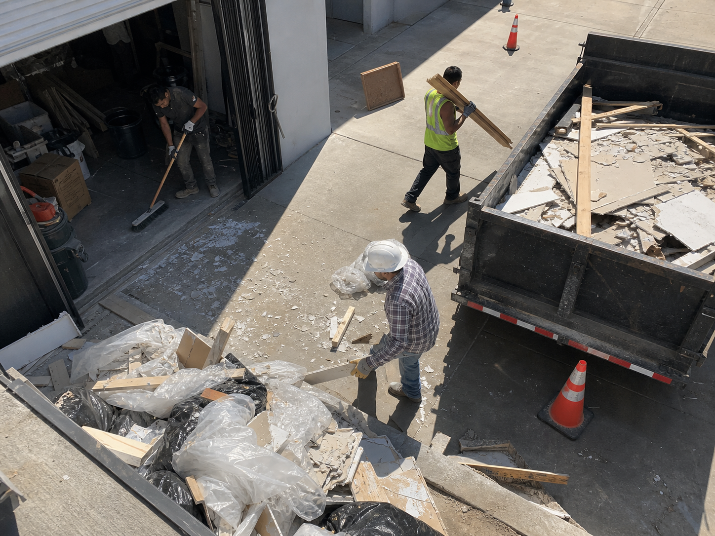 Crew loading construction debris into a trailer at a jobsite