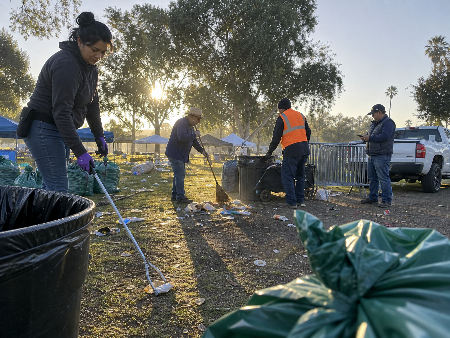 Crew cleaning a park path after an outdoor event
