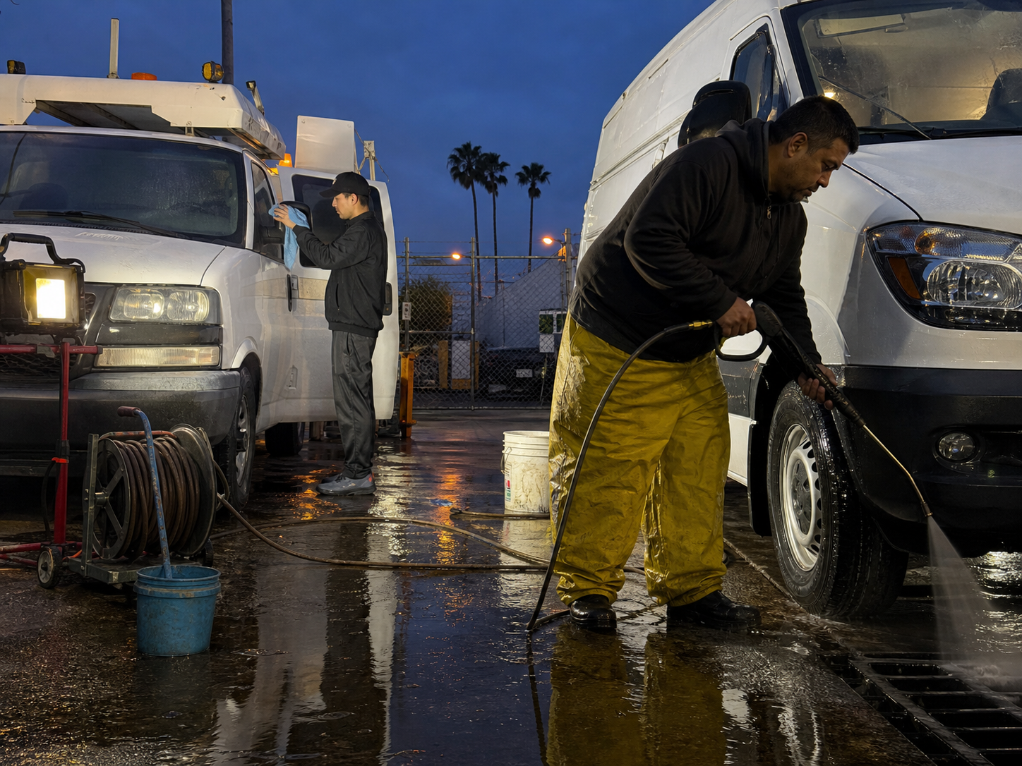 Crew cleaning a white utility van in a fleet yard