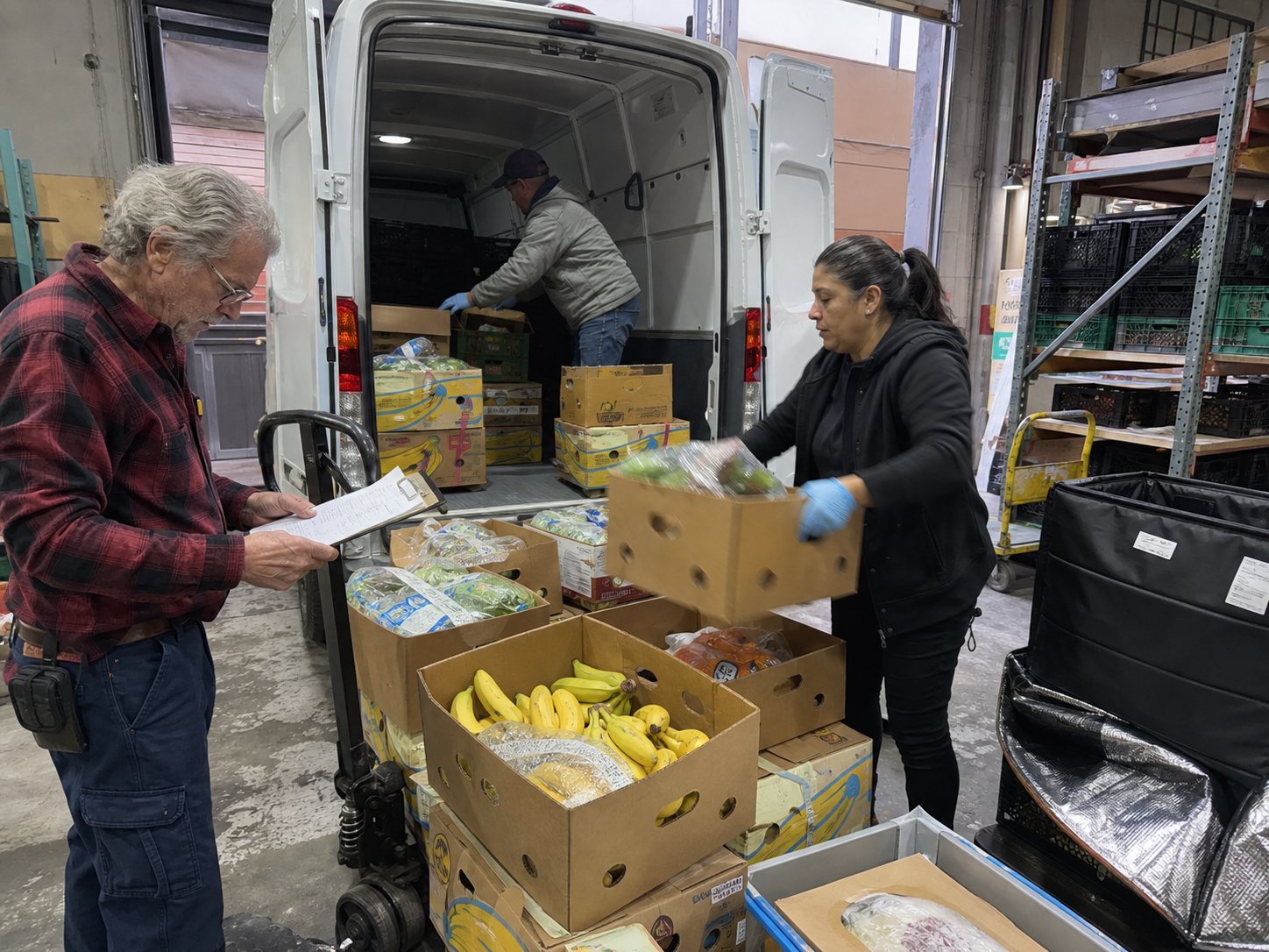 Crew loading sorted food recovery boxes into a van