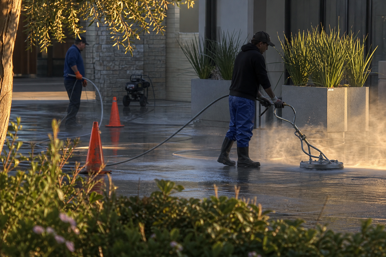 Crew pressure washing a city sidewalk with cones and water controls