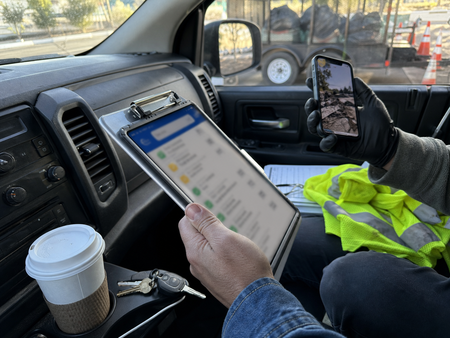 Supervisor using a tablet while a worker photographs a finished cleanup area