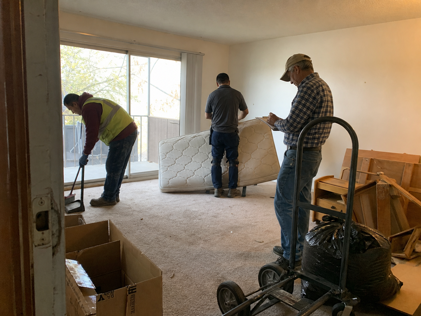 Crew removing abandoned items from a vacant apartment unit