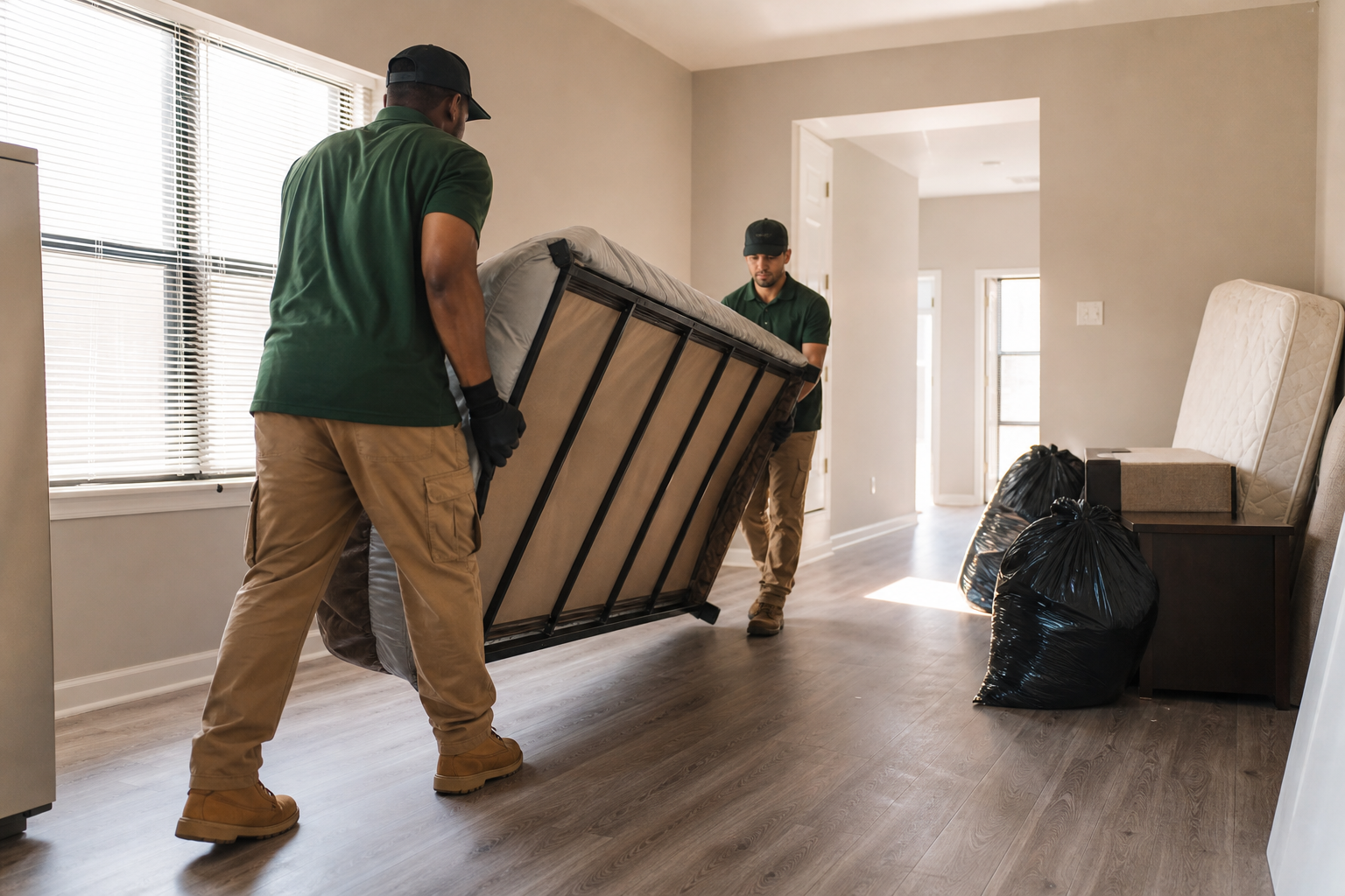 Cleanup workers removing bulky furniture from a vacant apartment unit